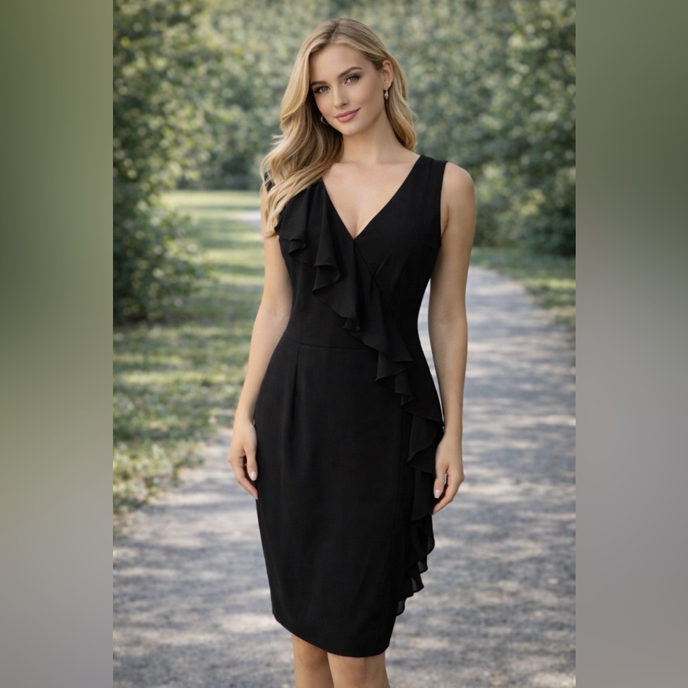 Connected Dress Black 10 Flutter Ruffle Stretch Sheath V Neck Sleeveless NEW